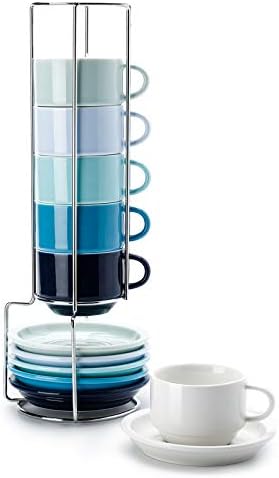 Sweese 405.001 פורצלן Stackable כוסות אספרסו עם צלחות מתכת סטנד - 4 גרם עבור המומחיות, כוסות קפה חד/אספרסו כפול - סט