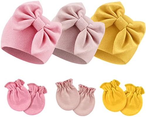 BQUBO התינוק הנולד כובעים כפפות להגדיר החולים כובע מצחייה התינוק קשת כובעים לתינוק כפפות כותנה לא לגרד כפפות עבור 0-6