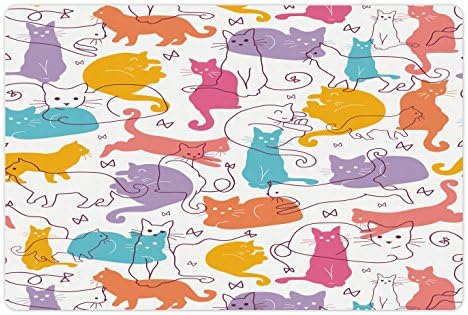 Lunarable חתול מחמד מחצלת עבור מזון, מים, צבעוני חתולים קופצים משחק יושב מרגיע חתולים שמחים מודרנית, אמנות קו, גומי