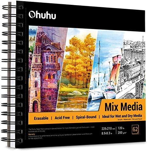 מיקס מדיה, כרית Ohuhu 8.9x8.3 מעורבות אמנות מדיה Sketchbook, 120 ליברות/200 GSM כבד מסמכים, 62 יריעות/124 עמודים, ספירלה