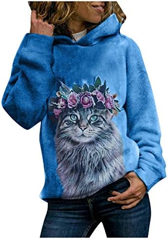 גודל פלוס קפוצ ' ונים לנשים, חתול הדפסה חופשי שרוול ארוך העליון קט מקסימום חולצה עם ברדס המכסה החולצה החולצה ולנטיין