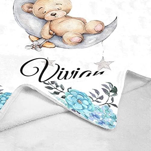 קרן שמיכה אישית שמיכה עם שם מותאם אישית לתינוק שמיכה ילדה מותאם אישית קרן פרח שמיכה (דוב 01, 50 x 60)