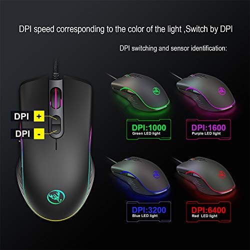 עכבר המשחקים המלא RGB, אופטי עכבר המשחקים קווי עכברים ארגונומיים עם 6 צבעים להאיר Blacklight,4 DPI עד 6400 עבור מחשב